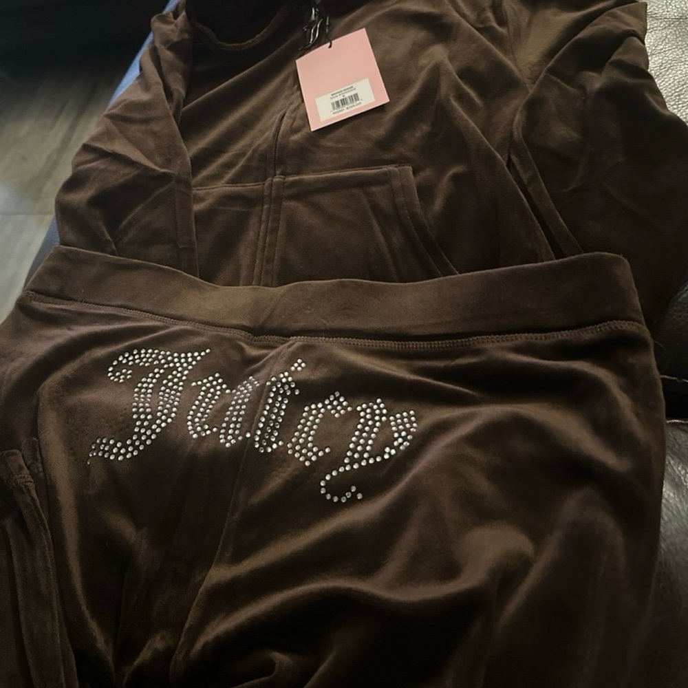 Brown Rhinestone Script Logo Velvet Hoodie Jacket - Picture 3 of 5